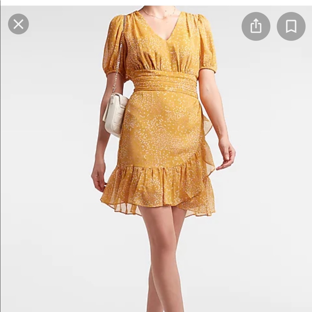 Express Dot Print Ruffle Wrap Puff Sleeve Dress